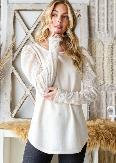 USA Made Ladies' Very Soft Lace Long Sleeve Super Soft Top in Cream with Puff Shoulder | Classy Cozy Cool Women's Made in America Clothing Boutique