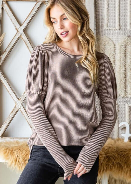 USA Made Women's Long Sleeve Ribbed Knit Puff Sleeve Top in Light Mocha Color | Women's Made in America Boutique