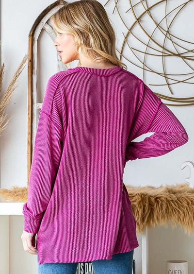 Made in USA Women's Soft Ribbed V-Neck Casual Long Sleeve Out Seam Detail Top with Pockets in Fuchsia | Classy Cozy Cool Women's Made in America Boutique