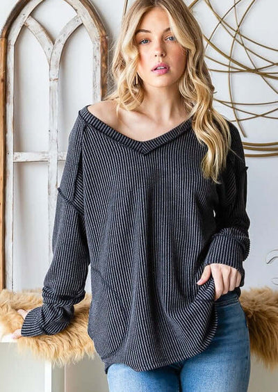 Made in USA Women's Soft Ribbed V-Neck Casual Long Sleeve Out Seam Detail Top with Pockets in Charcoal Grey | Classy Cozy Cool Women's Made in America Boutique