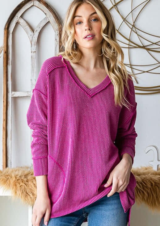 Made in USA Women's Soft Ribbed V-Neck Casual Long Sleeve Out Seam Detail Top with Pockets in Fuchsia | Classy Cozy Cool Women's Made in America Boutique