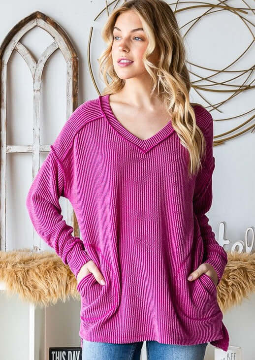 Made in USA Women's Soft Ribbed V-Neck Casual Long Sleeve Out Seam Detail Top with Pockets in Fuchsia | Classy Cozy Cool Women's Made in America Boutique