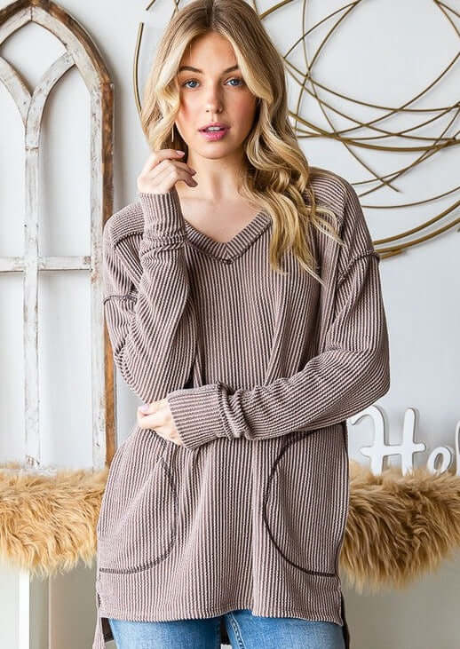 Made in USA Women's Soft Ribbed V-Neck Casual Long Sleeve Out Seam Detail Top with Pockets in Taupe | Classy Cozy Cool Women's Made in America Boutique