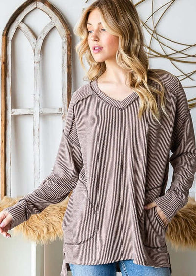 Made in USA Women's Soft Ribbed V-Neck Casual Long Sleeve Out Seam Detail Top with Pockets in Taupe | Classy Cozy Cool Women's Made in America Boutique