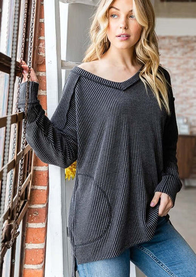 Made in USA Women's Soft Ribbed V-Neck Casual Long Sleeve Out Seam Detail Top with Pockets in Charcoal Grey | Classy Cozy Cool Women's Made in America Boutique