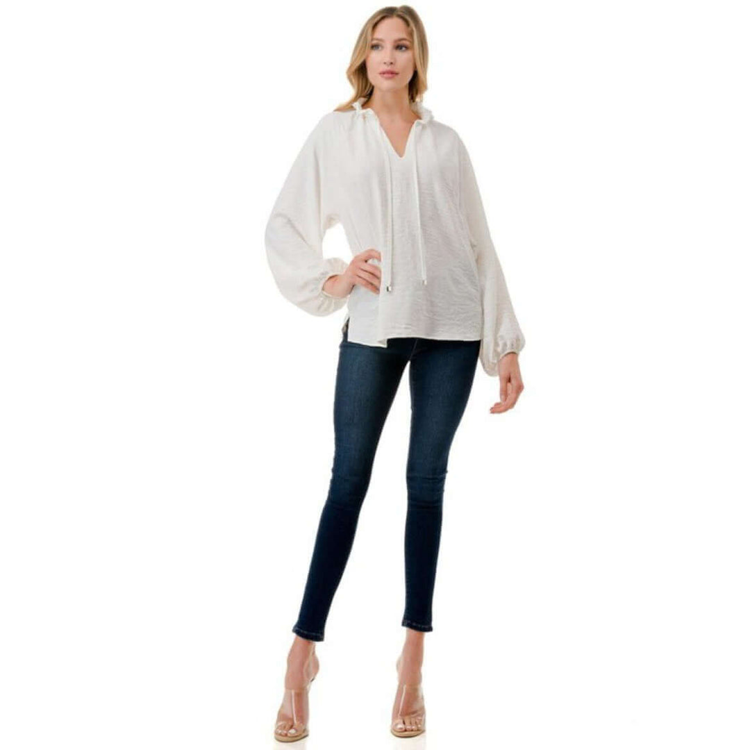 Made in USA Ruffled Neck Textured Satin Dressy Top with Tie Front V-Neck and  Long Puff Sleeves in Ivory | Classy Cozy Cool Women's Made in USA Boutique
