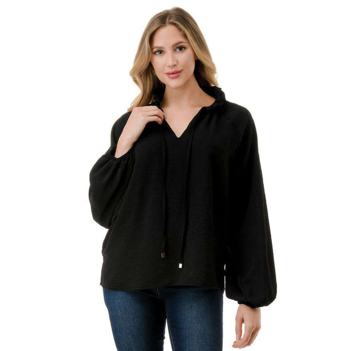 Made in USA Ruffled Neck Textured Satin Dressy Top with Tie Front V-Neck and  Long Puff Sleeves in Black | Classy Cozy Cool Women's Made in USA Boutique