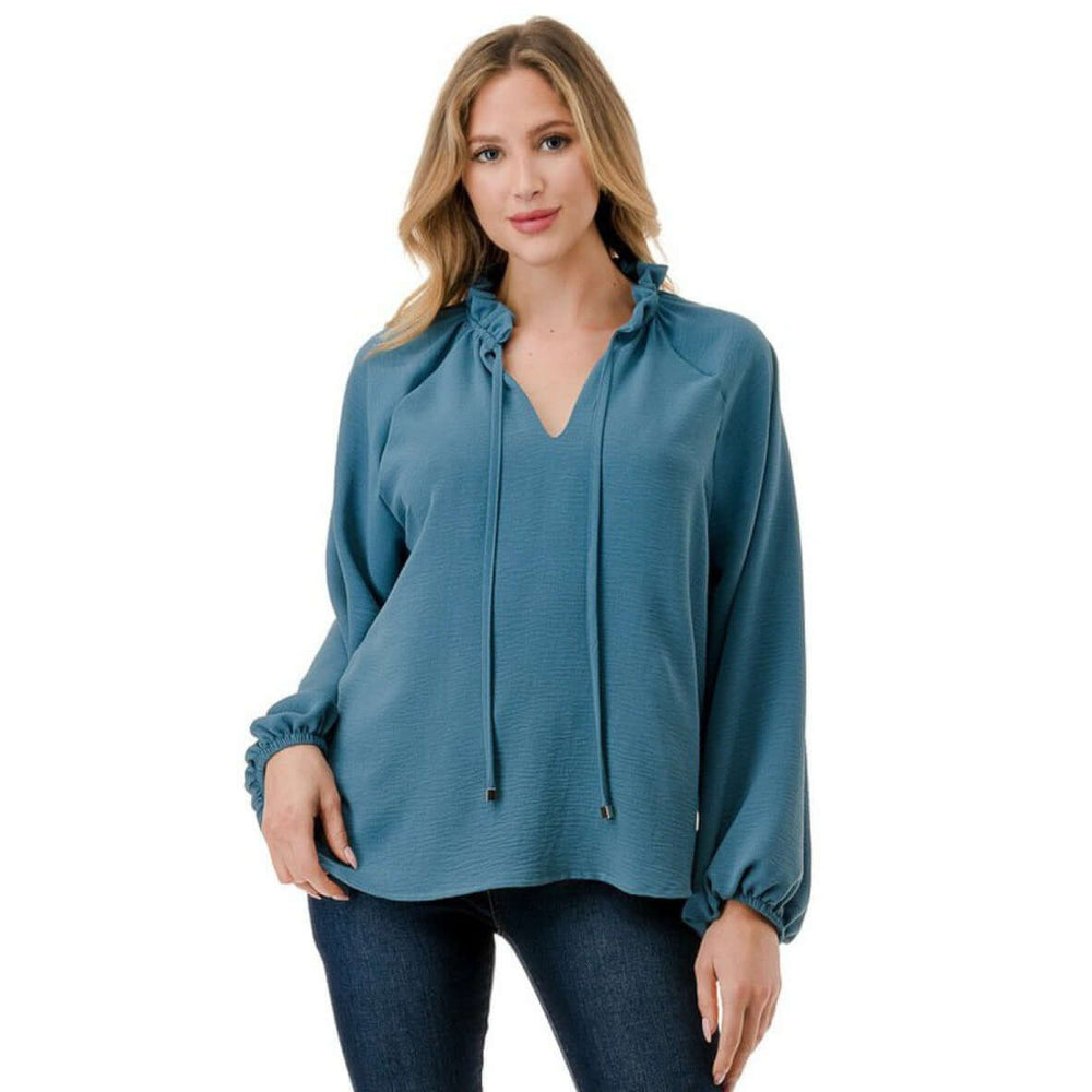 Made in USA Ruffled Neck Textured Satin Dressy Top with Tie Front V-Neck and  Long Puff Sleeves in Teal | Classy Cozy Cool Women's Made in USA Boutique