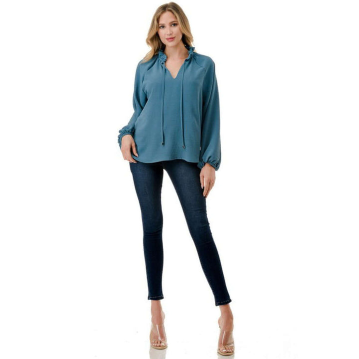 Made in USA Ruffled Neck Textured Satin Dressy Top with Tie Front V-Neck and  Long Puff Sleeves in Teal | Classy Cozy Cool Women's Made in USA Boutique