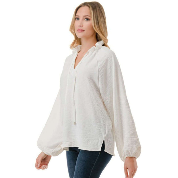 Made in USA Ruffled Neck Textured Satin Dressy Top with Tie Front V-Neck and  Long Puff Sleeves in Ivory | Classy Cozy Cool Women's Made in USA Boutique