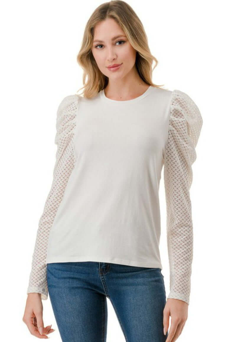 Made in USA Puff Sleeve Lace Contrast Top Crew Neck Long Lace Sleeves Semi-Fitted Off White Soft and Stretchy Ladies Top