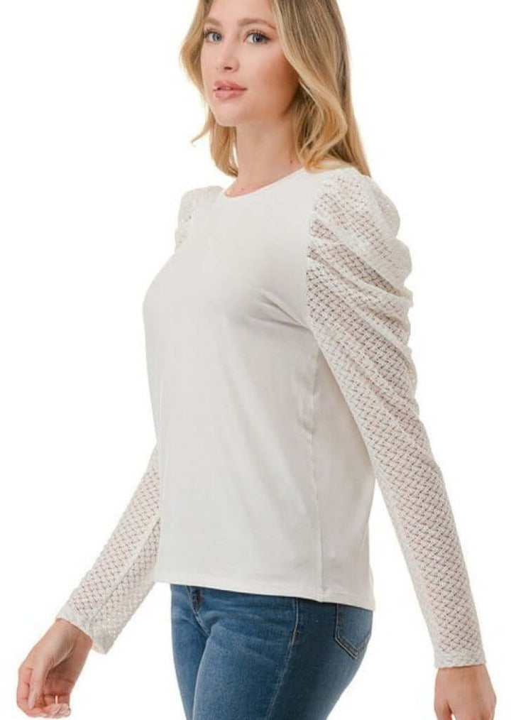 Made in USA Puff Sleeve Lace Contrast Top Crew Neck Long Lace Sleeves Semi-Fitted Off White Soft and Stretchy Ladies Top