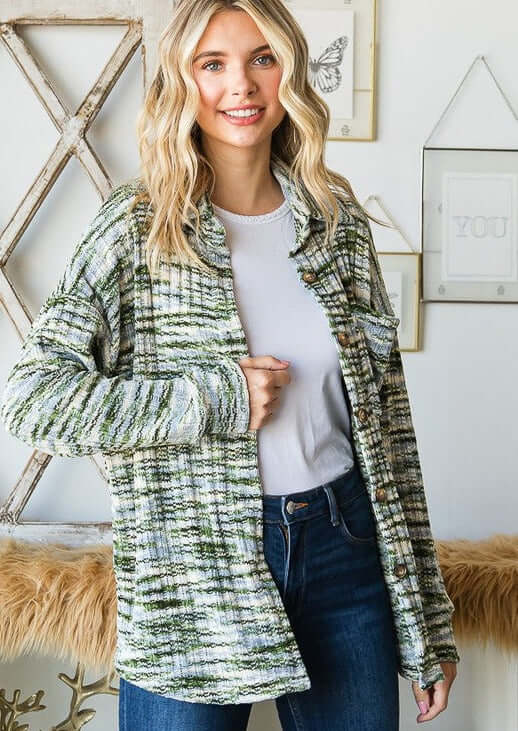 Super Soft Two Tone Teddy Bear Cardigan Sweater Relaxed Fit in green, blue & off white | Made in USA | Classy Cozy Cool American Made Clothing Boutique