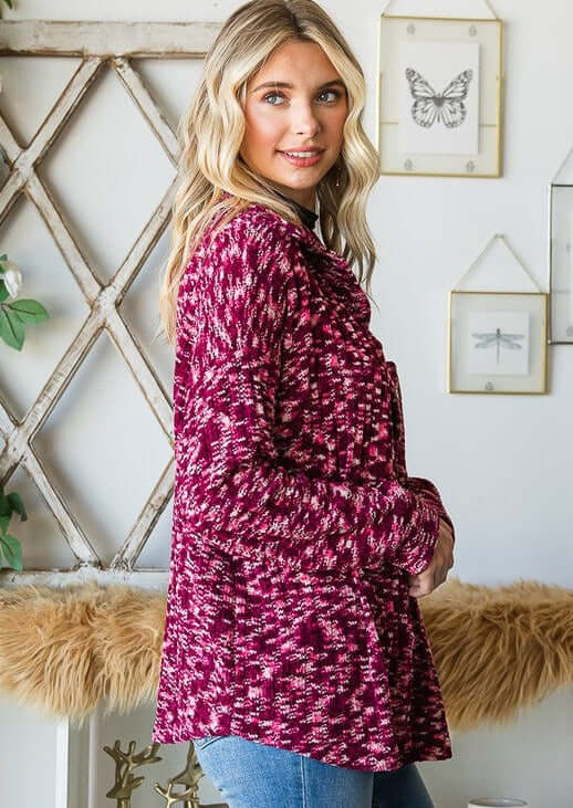 Super Soft Two Tone Teddy Bear Cardigan Sweater Relaxed Fit in tri-color marbled burgundy | Made in USA | Classy Cozy Cool American Made Clothing Boutique