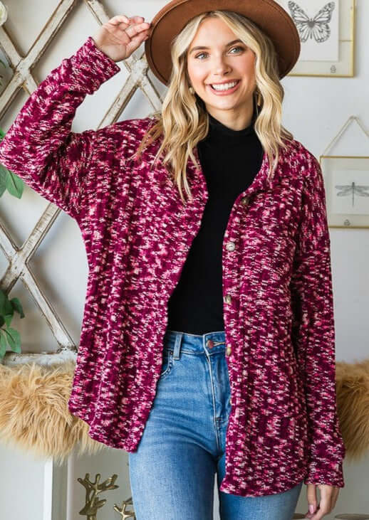 Super Soft Two Tone Teddy Bear Cardigan Sweater Relaxed Fit in tri-color marbled burgundy | Made in USA | Classy Cozy Cool American Made Clothing Boutique