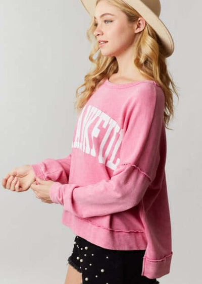 Made in USA Women's Oversized Graphic Garment Washed Vintage Look Sweatshirt with "Thankful" Graphic Lettering and Raw seam detail in Pink | Classy Cozy Cool Women's Made in America Boutique