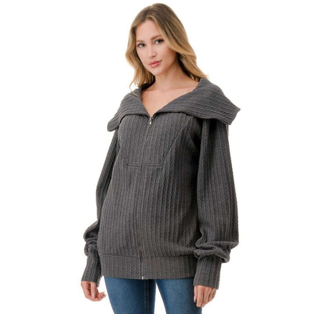 Made in USA Women's Cable Knit Jacket with Big Collar Available in Charcoal, Mocha & Sage | Classy Cozy Cool Women's Made in America Boutique