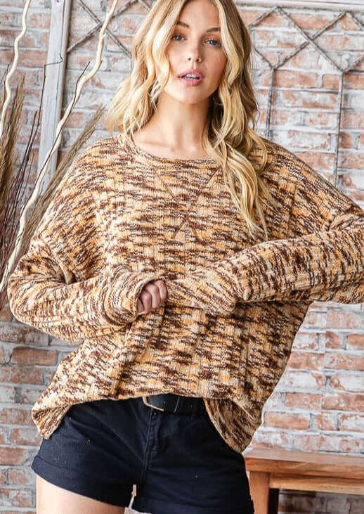 Tri Tone Teddy Bear Sweater in Camel Plus SIze Made in USA