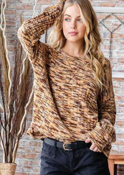Super Soft Two Tone Teddy Bear Sweater Relaxed Oversized Fit in Brown, Mustard & Tan | Made in USA | Classy Cozy Cool American Made Boutique