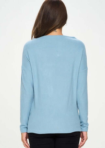 Women's Made in USA Relaxed Fit Super Soft Long Sleeve Cashmere Sweater Top in Light Blue - Can be worn Off Shoulder or as Boat Neck | Renee C Style# 4097TP | Classy Cozy Cool Made in America Boutique