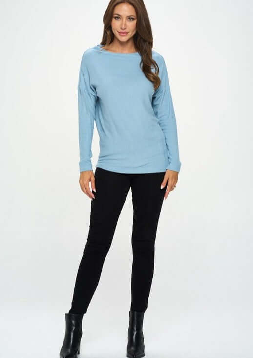 Women's Made in USA Relaxed Fit Super Soft Long Sleeve Cashmere Sweater Top in Light Blue - Can be worn Off Shoulder or as Boat Neck | Renee C Style# 4097TP | Classy Cozy Cool Made in America Boutique