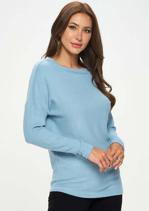 Women's Made in USA Relaxed Fit Super Soft Long Sleeve Cashmere Sweater Top in Light Blue - Can be worn Off Shoulder or as Boat Neck | Renee C Style# 4097TP | Classy Cozy Cool Made in America Boutique