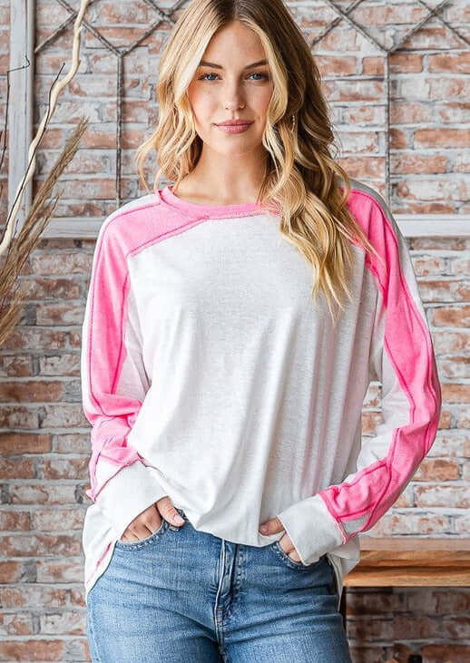 USA Made Women's Color Block Exposed Stitch Detail Long Sleeve Tee in White/Pink with Criss Cross Sleeve Design | Class Cozy Cool Women's Made in America Boutique