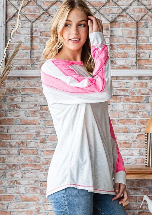 USA Made Women's Color Block Exposed Stitch Detail Long Sleeve Tee in White/Pink with Criss Cross Sleeve Design | Class Cozy Cool Women's Made in America Boutique