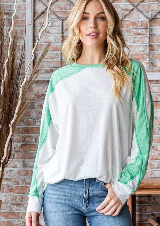 USA Made Women's Color Block Exposed Stitch Detail Long Sleeve Tee in White/Green with Criss Cross Sleeve Design | Class Cozy Cool Women's Made in America Boutique