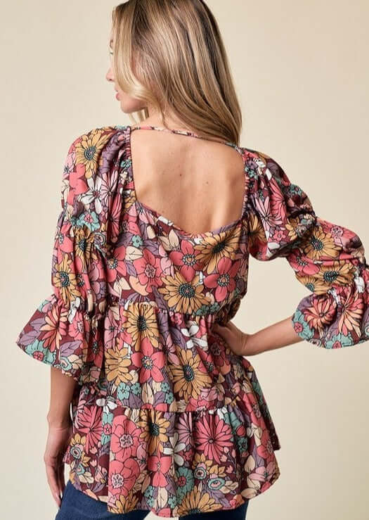Made in USA  Women's Floral Baby Doll Design Top Long Sleeves Lightweight Non-Stretch Material Square Neckline Gathered Ruffled Sleeves Flounce Ruffle Hem Open Back Cut Out Detail 