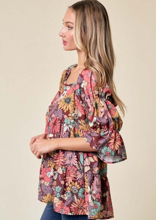 Made in USA  Women's Floral Baby Doll Design Top Long Sleeves Lightweight Non-Stretch Material Square Neckline Gathered Ruffled Sleeves Flounce Ruffle Hem Open Back Cut Out Detail 