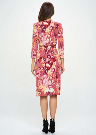 Beautiful Ladies Sienna Print Jersey Midi Wrap Dress with 3/4 Sleeves in Coral, Burgundy, Pink & Tan | Renee C. Style 4329DR4 | Proudly Made in USA | Classy Cozy Cool Clothing Boutique