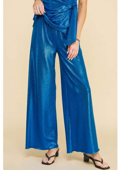 USA Made Women's Metallic Blue Areum Glamorous Pants Perfect for Holiday Party | Brand: If She Loves Style# ISP1248R | Classy Cozy Cool Women's Made in America Boutique