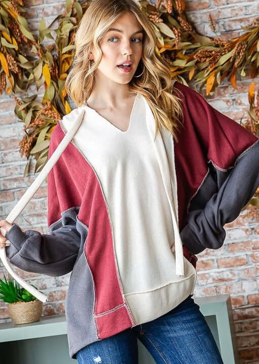 USA Made Women's Color Block Drawstring Hoodie in Charcoal Grey, Burgundy & Cream | Style# T5311 | Classy Cozy Cool Women's Made in America Boutique