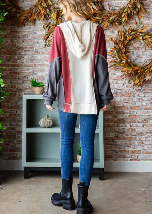 USA Made Women's Color Block Drawstring Hoodie in Charcoal Grey, Burgundy & Cream | Style# T5311 | Classy Cozy Cool Women's Made in America Boutique