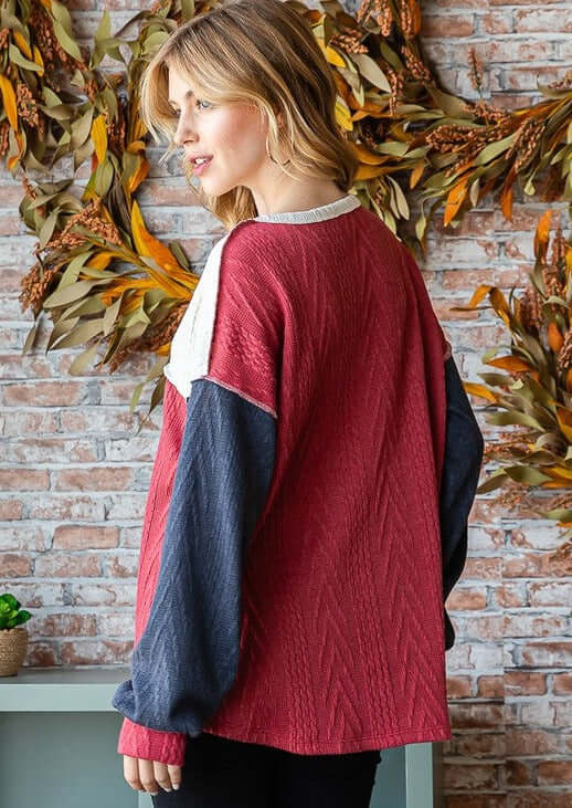 Made in USA Women's Cable Knit Round Neck Button Front Long Sleeve Relaxed Fit Henley Color Block Top with Drop Shoulders In Dark Mauve, Navy & Cream