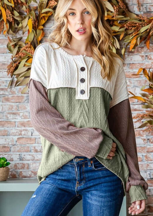 Made in USA Women's Cable Knit Round Neck Button Front Long Sleeve Relaxed Fit Henley Color Block Top with Drop Shoulders In Olive, Taupe & Cream