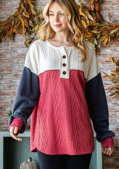 Made in USA Women's Cable Knit Round Neck Button Front Long Sleeve Relaxed Fit Henley Color Block Top with Drop Shoulders In Dark Mauve, Navy & Cream