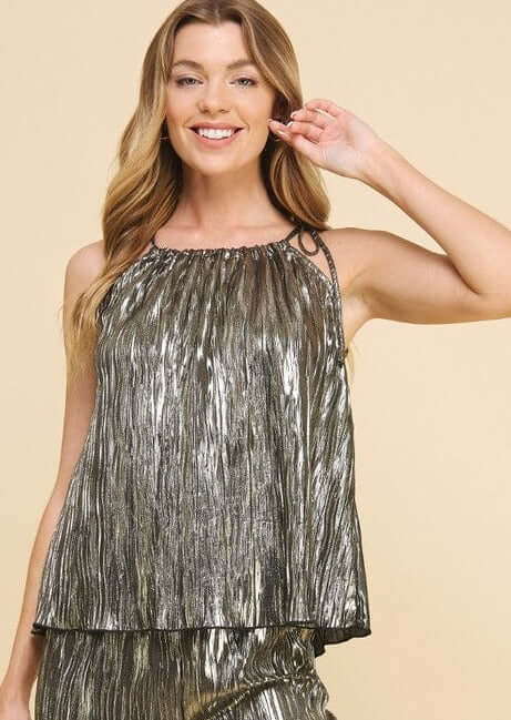 USA Made Women's Loose Fit Metallic Foiled Gunmetal Silver Halter Top | Brand: If She Loves Style# IST1217B | Classy Cozy Cool Women's Made in America Boutique