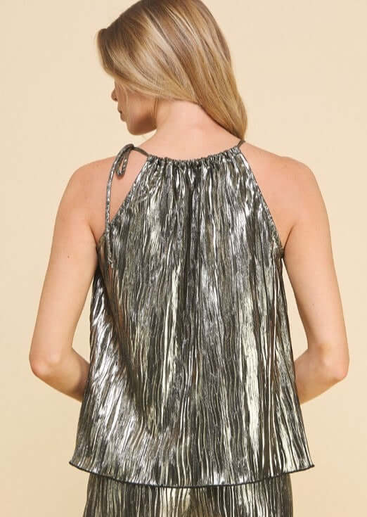 USA Made Women's Loose Fit Metallic Foiled Gunmetal Silver Halter Top | Brand: If She Loves Style# IST1217B | Classy Cozy Cool Women's Made in America Boutique