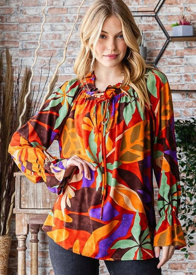 USA Made Women's Tropical Floral Off the Shoulder Top with Tie Front Detail Striking Floral Pattern with Orange, Brown, Purple & Green | Style# T5315