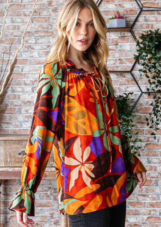 USA Made Women's Tropical Floral Off the Shoulder Top with Tie Front Detail Striking Floral Pattern with Orange, Brown, Purple & Green | Style# T5315