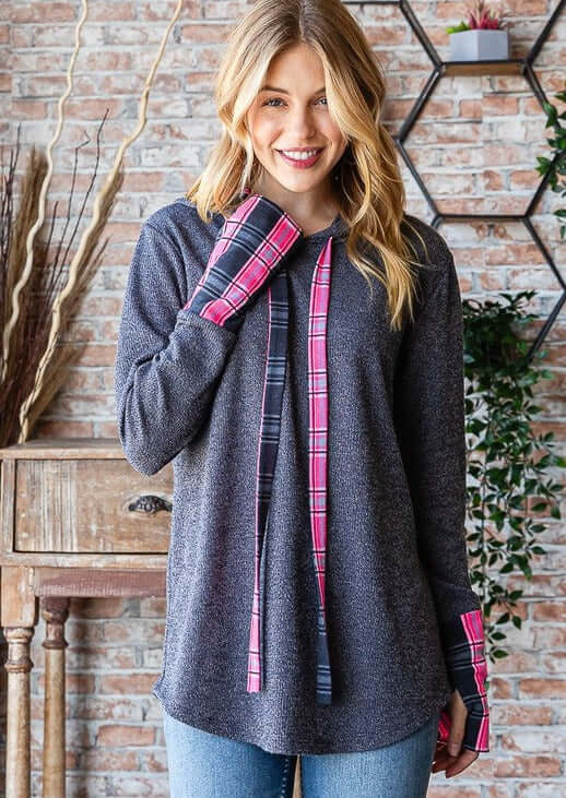 USA Made Women's Plaid Contrast Drawstring Hoodie in Charcoal Grey with Plaid Fuchsia Accents & Thumbhole Cuffs | Style# T5316 | Classy Cozy Cool Women's Made in America Boutique