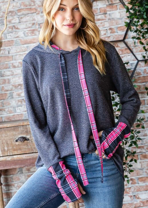 USA Made Women's Plaid Contrast Drawstring Hoodie in Charcoal Grey with Plaid Fuchsia Accents & Thumbhole Cuffs | Style# T5316 | Classy Cozy Cool Women's Made in America Boutique