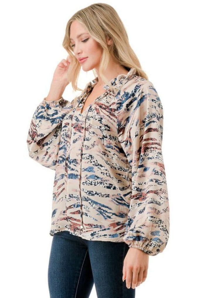 Made in USA Colorful Ruffled Neck Textured Satin Zebra Print Dressy Top with Tie Front V-Neck and  Long Puff Sleeves | Classy Cozy Cool Women's Made in USA Boutique
