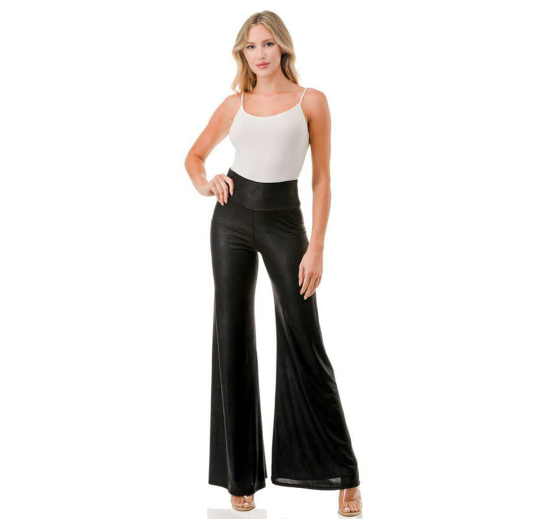 USA Made Women's Faux Leather Flair Pants High Waist Stretch Material Fit & Flare Look Pull on Style in Black | Classy Cozy Cool Women's Made in America Boutique