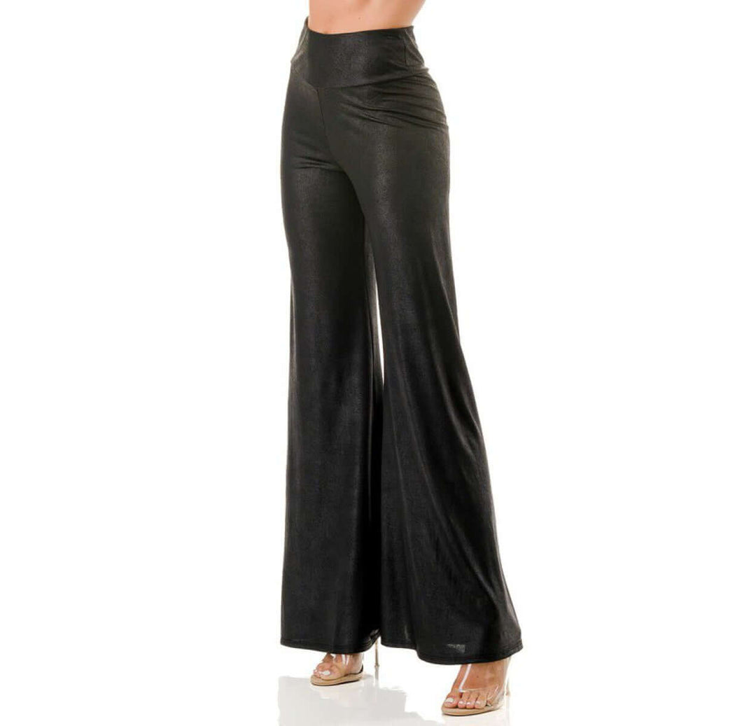 USA Made Women's Faux Leather Flair Pants High Waist Stretch Material Fit & Flare Look Pull on Style in Black | Classy Cozy Cool Women's Made in America Boutique