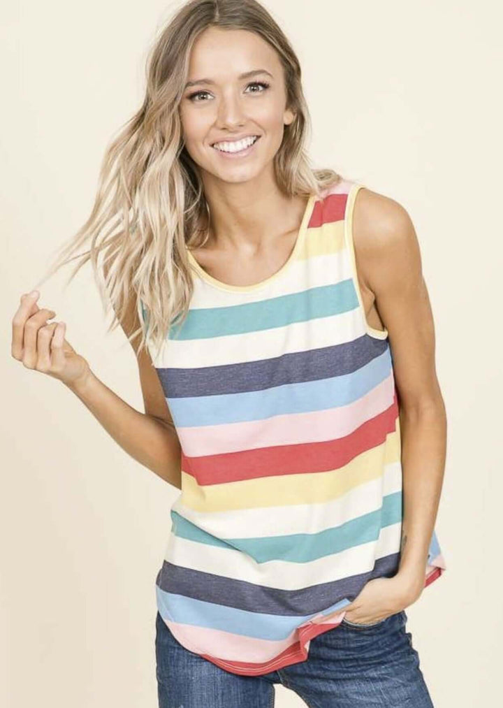 Made in USA Ladies Sleeveless Casual Top, Striped Detail, Round Neckline, Longer Length, Rounded Hem in Colorful Striped Pattern | Classy Cozy Cool Made in America Boutique