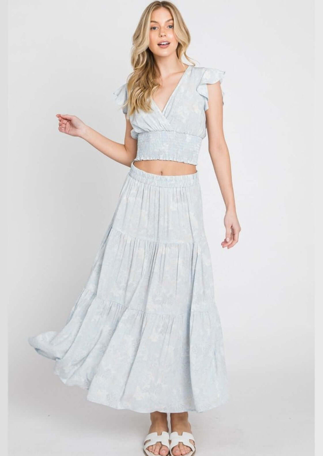 Ladies USA Made Woven A-Line Floral 3 Tiered Maxi Skirt - Subtle Floral Print Light Blue, Light Grey & White | Brand: Final Touch Style# NS80079B 
