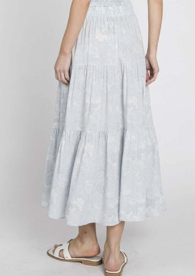 Ladies USA Made Woven A-Line Floral 3 Tiered Maxi Skirt - Subtle Floral Print Light Blue, Light Grey & White | Brand: Final Touch Style# NS80079B 